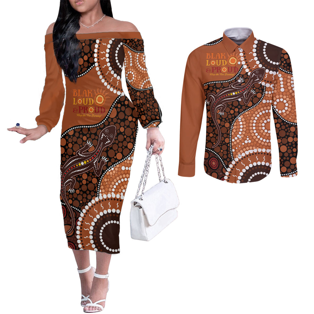 Lizard NAIDOC 2024 Couples Matching Off The Shoulder Long Sleeve Dress and Long Sleeve Button Shirt Aboriginal Art Style