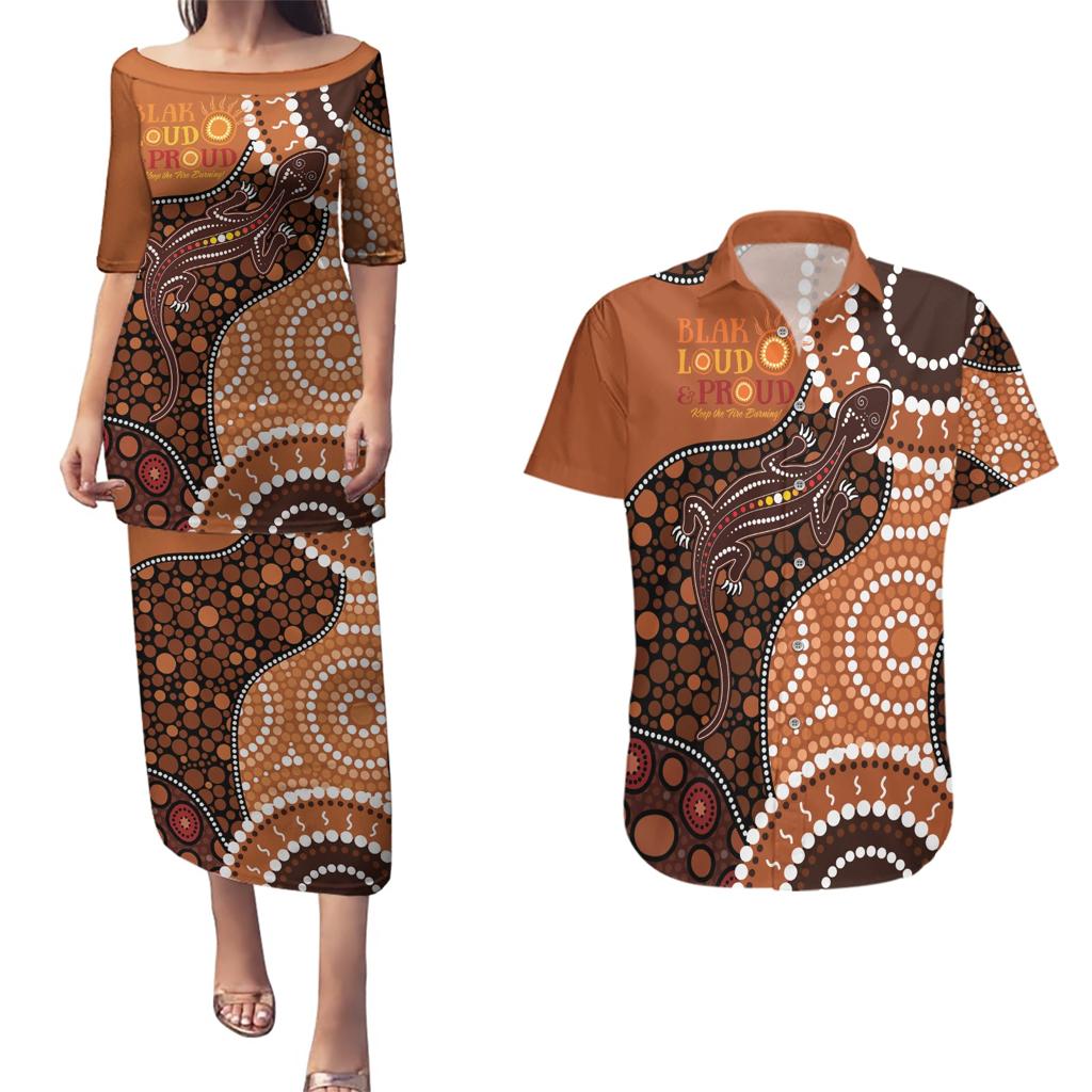 Lizard NAIDOC 2024 Couples Matching Puletasi and Hawaiian Shirt Aboriginal Art Style