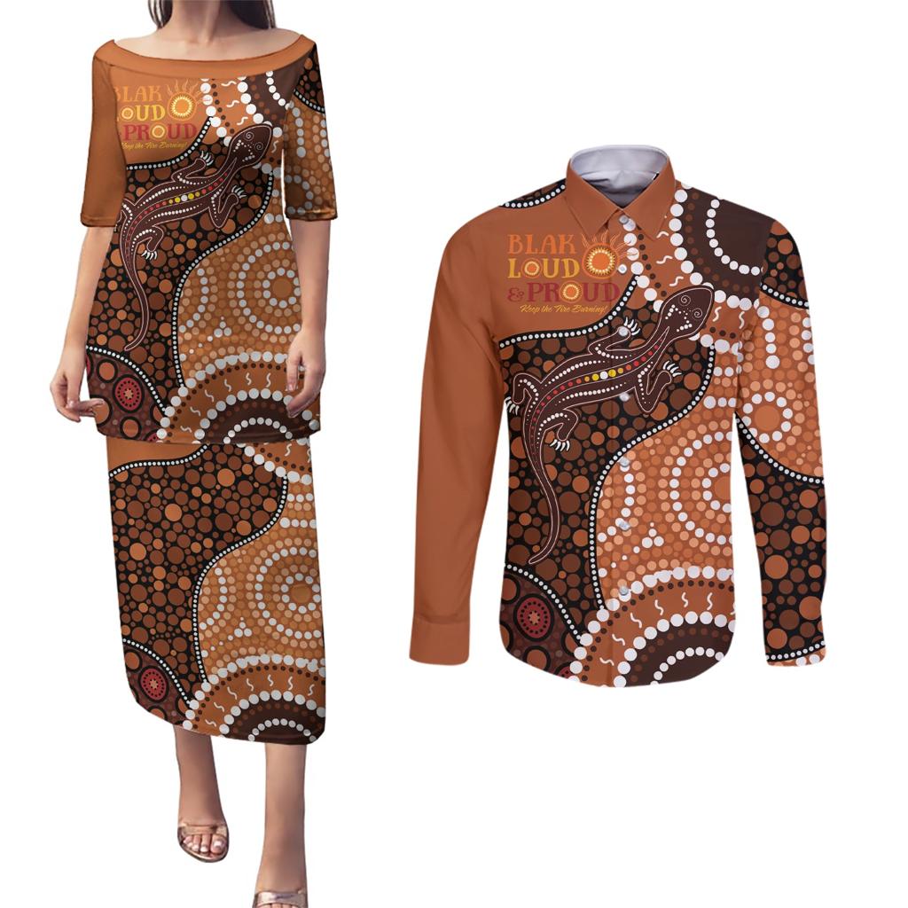 Lizard NAIDOC 2024 Couples Matching Puletasi and Long Sleeve Button Shirt Aboriginal Art Style