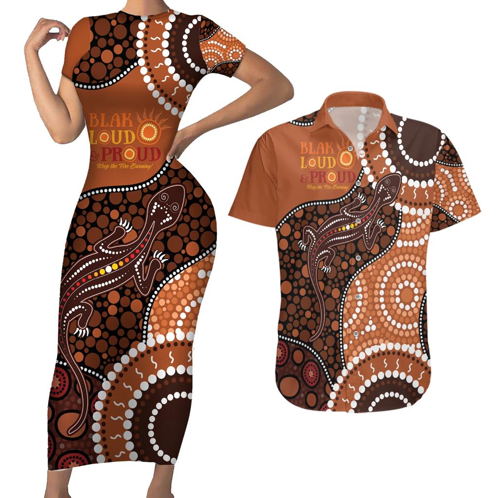 Lizard NAIDOC 2024 Couples Matching Short Sleeve Bodycon Dress and Hawaiian Shirt Aboriginal Art Style