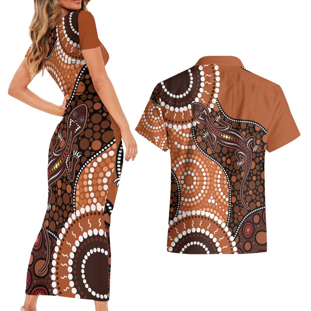 Lizard NAIDOC 2024 Couples Matching Short Sleeve Bodycon Dress and Hawaiian Shirt Aboriginal Art Style
