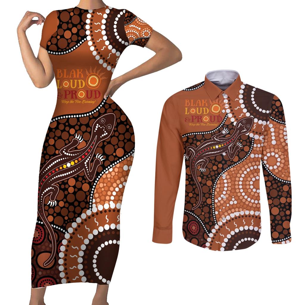 Lizard NAIDOC 2024 Couples Matching Short Sleeve Bodycon Dress and Long Sleeve Button Shirt Aboriginal Art Style