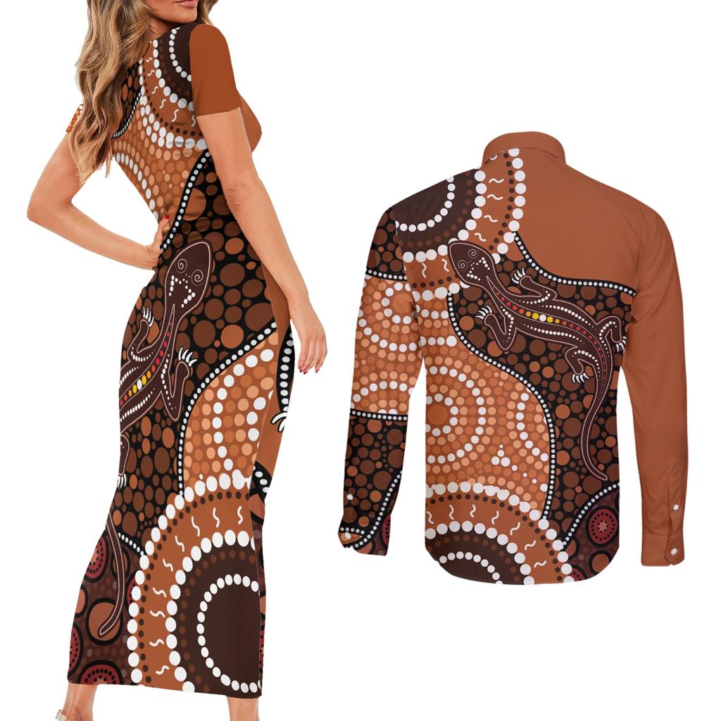 Lizard NAIDOC 2024 Couples Matching Short Sleeve Bodycon Dress and Long Sleeve Button Shirt Aboriginal Art Style