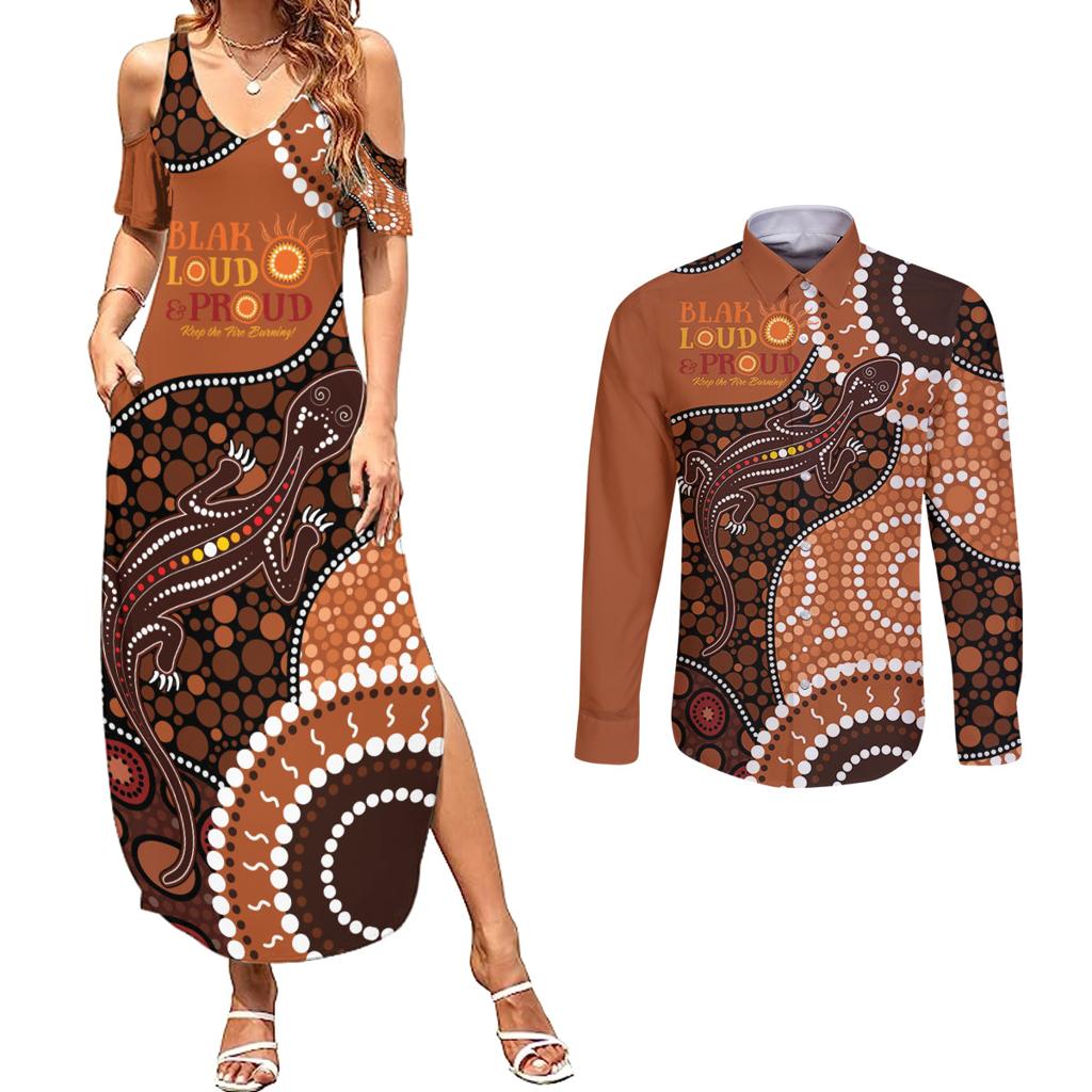 Lizard NAIDOC 2024 Couples Matching Summer Maxi Dress and Long Sleeve Button Shirt Aboriginal Art Style
