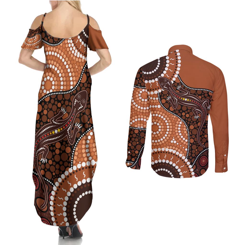 Lizard NAIDOC 2024 Couples Matching Summer Maxi Dress and Long Sleeve Button Shirt Aboriginal Art Style