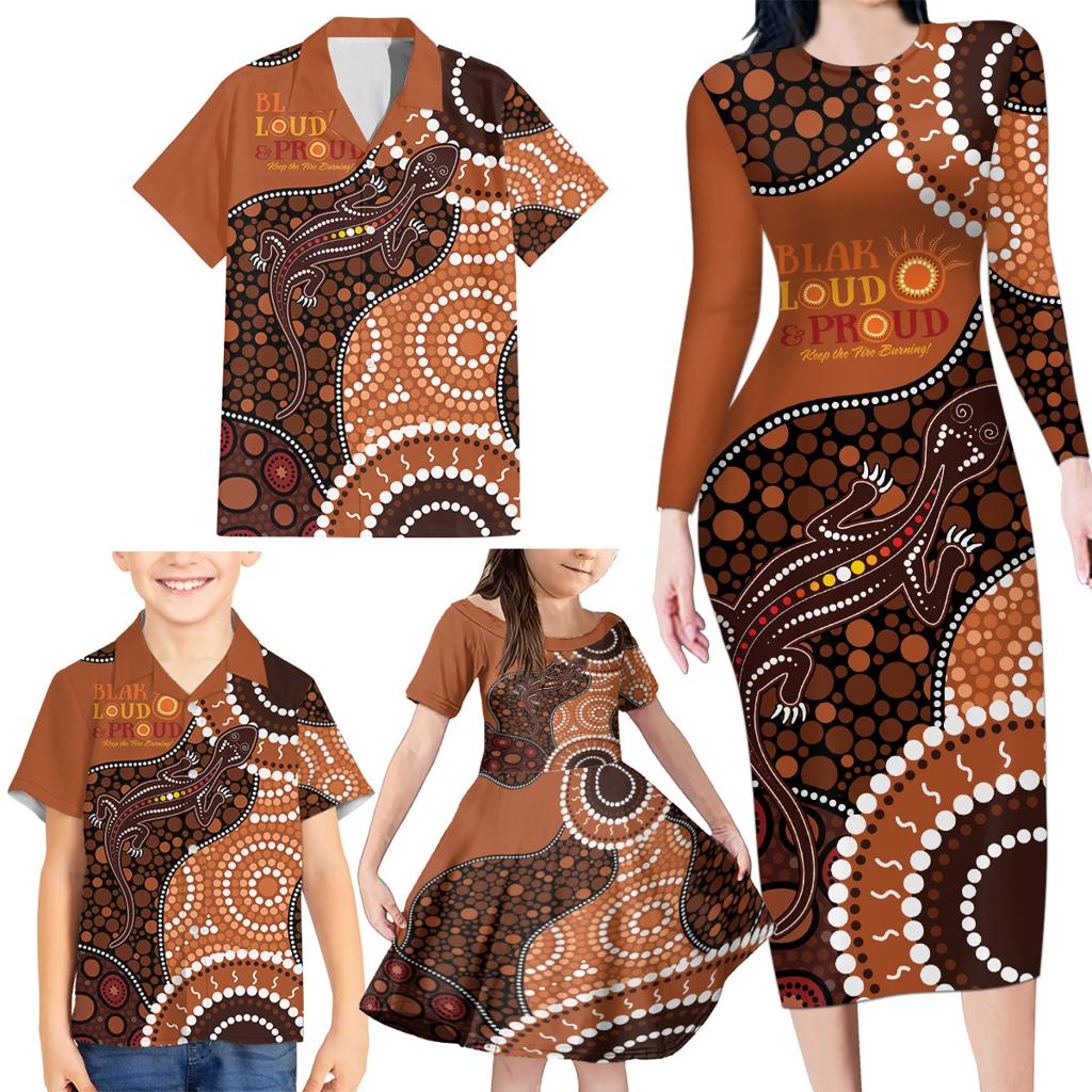 Lizard NAIDOC 2024 Family Matching Long Sleeve Bodycon Dress and Hawaiian Shirt Aboriginal Art Style