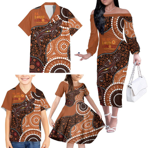 Lizard NAIDOC 2024 Family Matching Off The Shoulder Long Sleeve Dress and Hawaiian Shirt Aboriginal Art Style