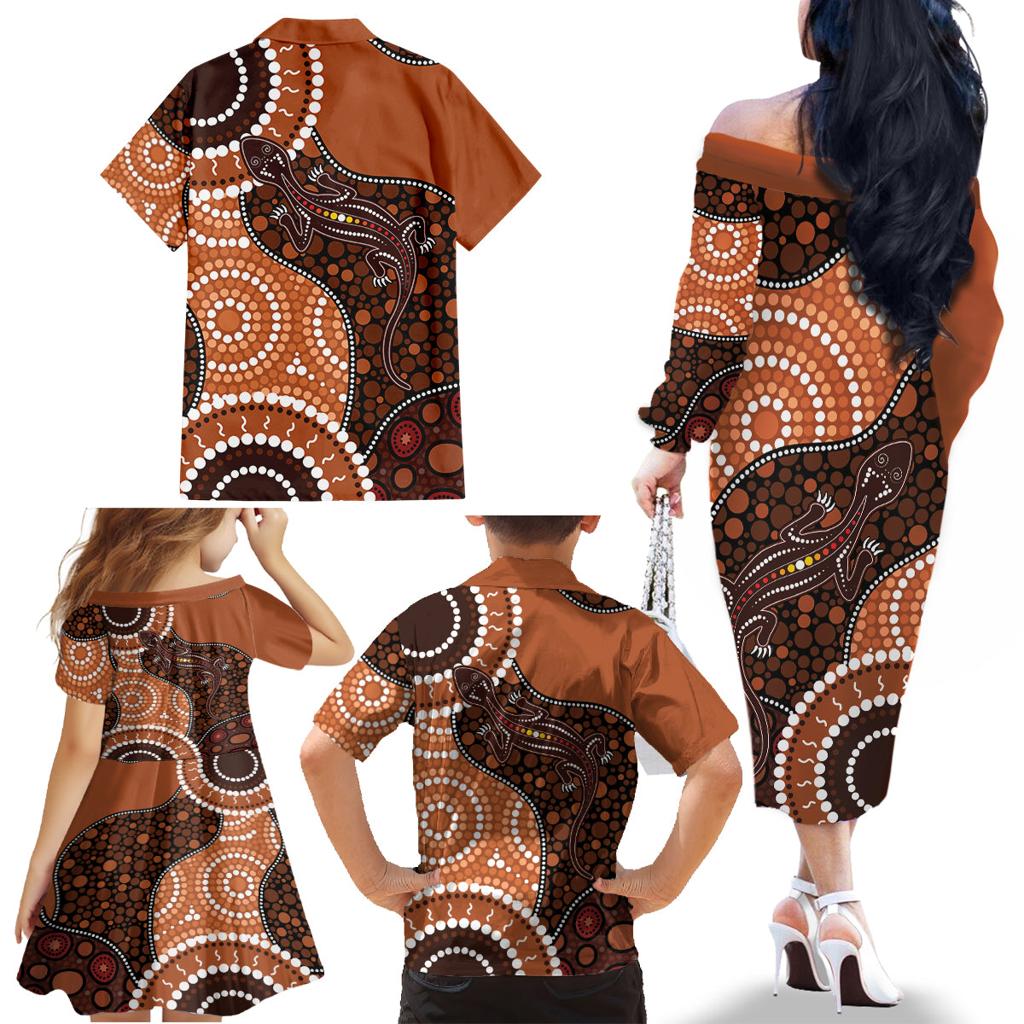 Lizard NAIDOC 2024 Family Matching Off The Shoulder Long Sleeve Dress and Hawaiian Shirt Aboriginal Art Style