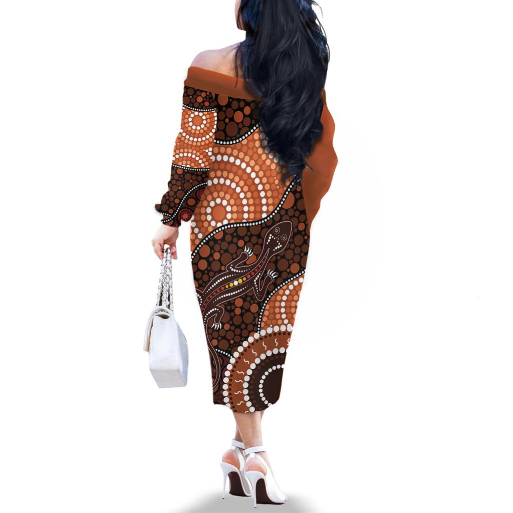 Lizard NAIDOC 2024 Family Matching Off The Shoulder Long Sleeve Dress and Hawaiian Shirt Aboriginal Art Style