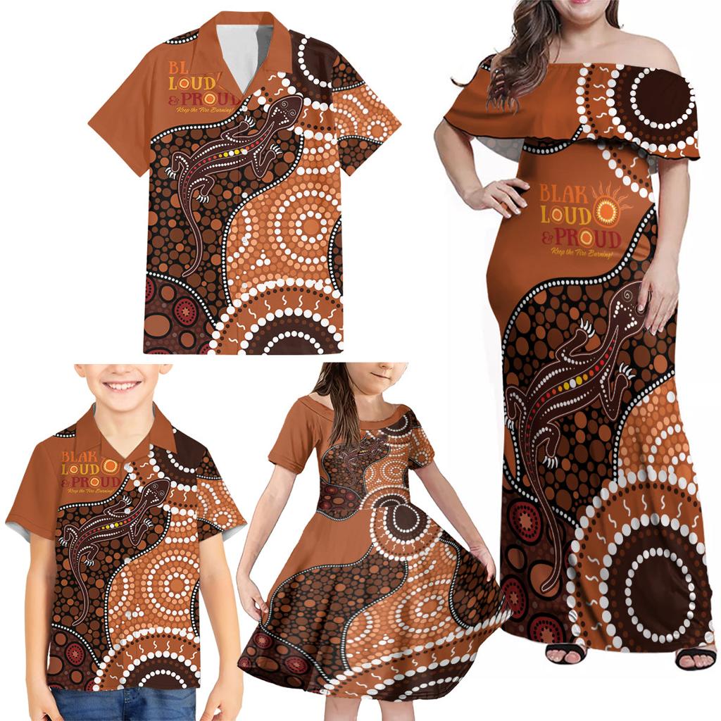 Lizard NAIDOC 2024 Family Matching Off Shoulder Maxi Dress and Hawaiian Shirt Aboriginal Art Style