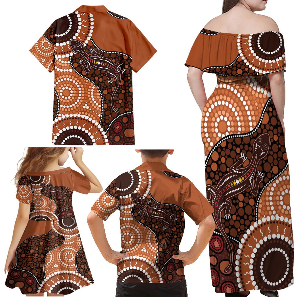 Lizard NAIDOC 2024 Family Matching Off Shoulder Maxi Dress and Hawaiian Shirt Aboriginal Art Style