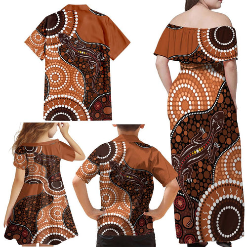Lizard NAIDOC 2024 Family Matching Off Shoulder Maxi Dress and Hawaiian Shirt Aboriginal Art Style