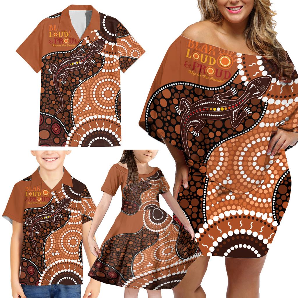 Lizard NAIDOC 2024 Family Matching Off Shoulder Short Dress and Hawaiian Shirt Aboriginal Art Style