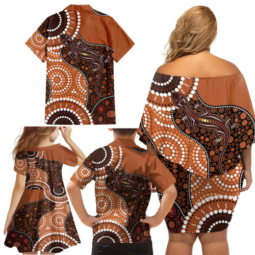 Lizard NAIDOC 2024 Family Matching Off Shoulder Short Dress and Hawaiian Shirt Aboriginal Art Style
