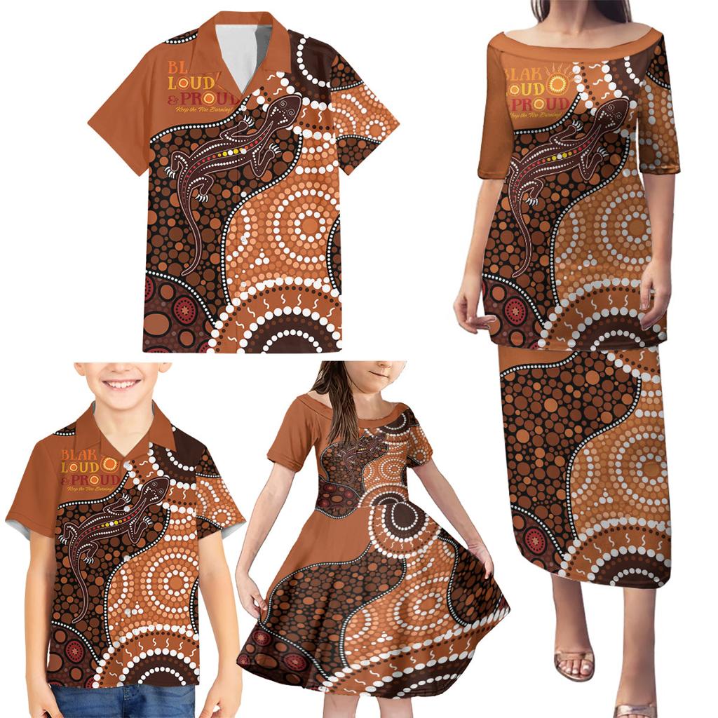 Lizard NAIDOC 2024 Family Matching Puletasi and Hawaiian Shirt Aboriginal Art Style