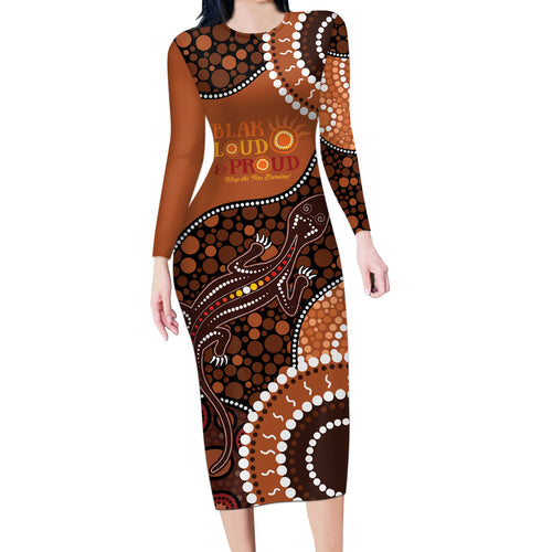 Lizard NAIDOC 2024 Long Sleeve Bodycon Dress Aboriginal Art Style