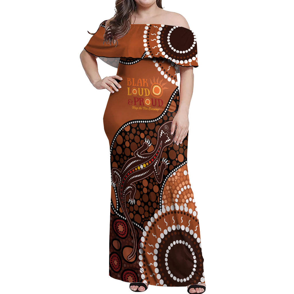 Lizard NAIDOC 2024 Off Shoulder Maxi Dress Aboriginal Art Style