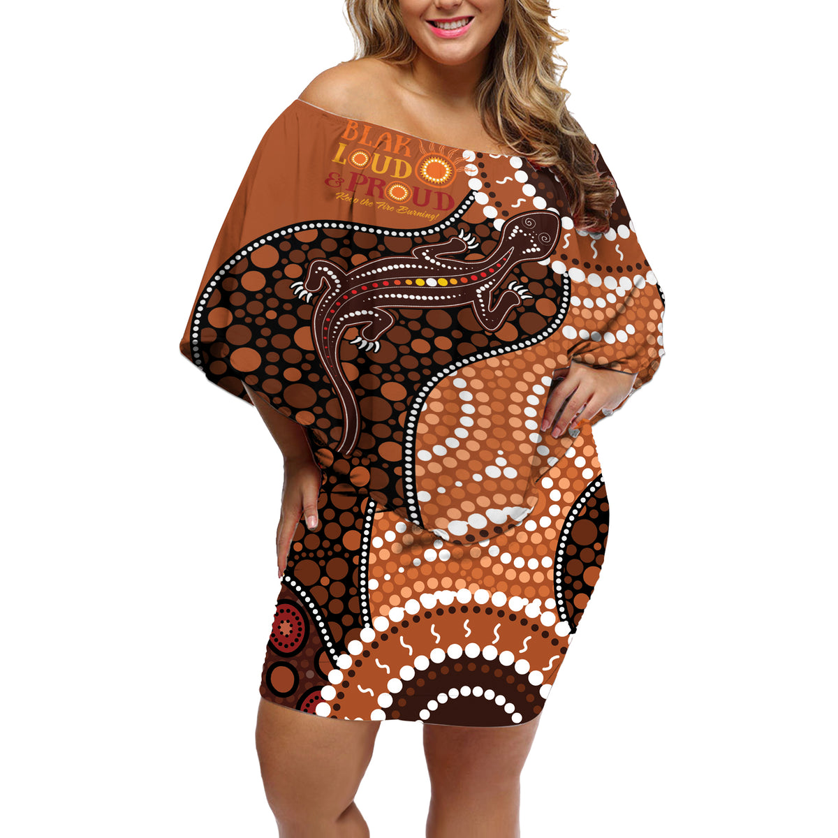 Lizard NAIDOC 2024 Off Shoulder Short Dress Aboriginal Art Style