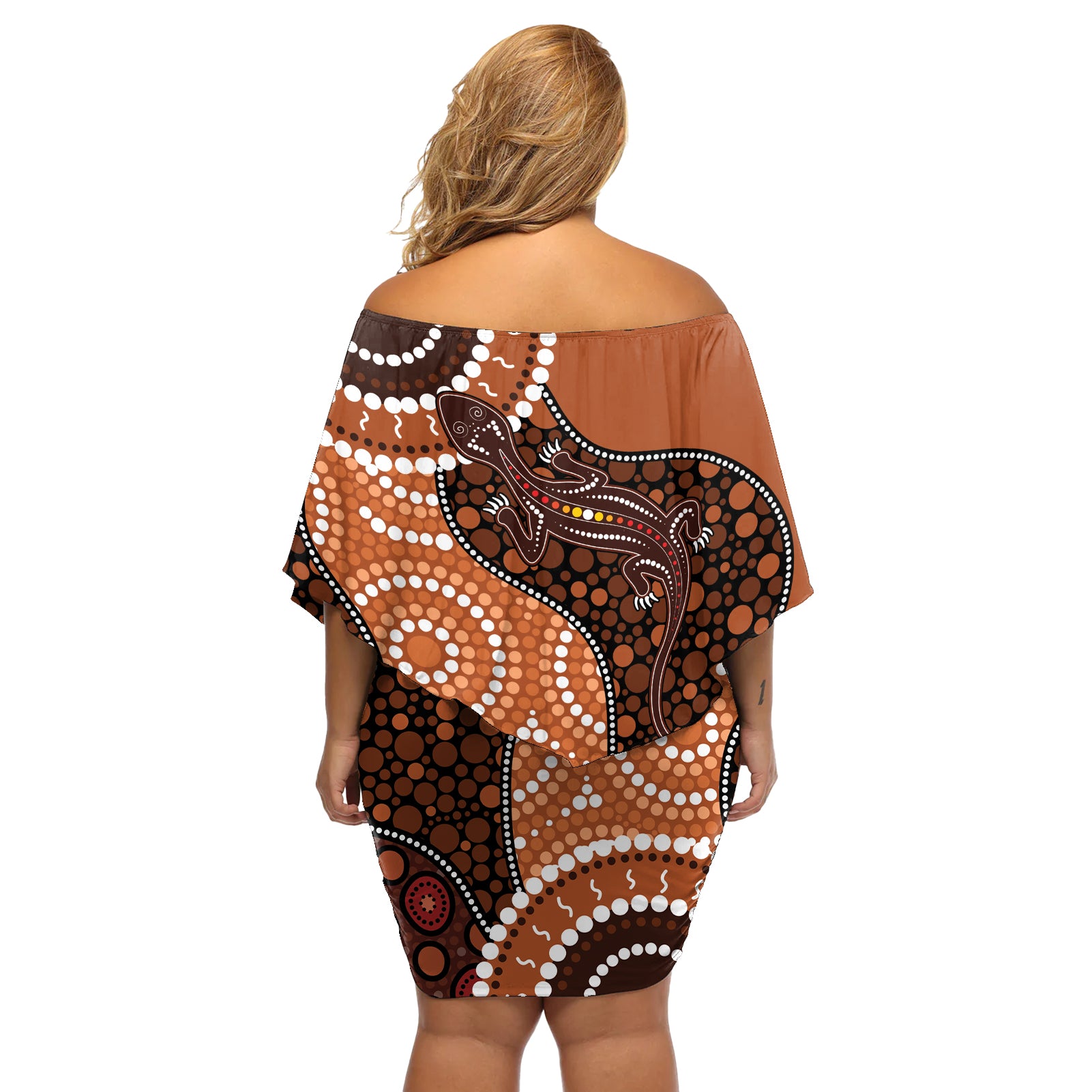 Lizard NAIDOC 2024 Off Shoulder Short Dress Aboriginal Art Style