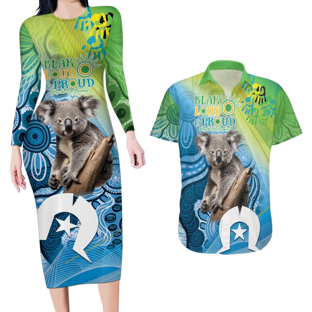 Vivid Minimal Koala NAIDOC 2024 Couples Matching Long Sleeve Bodycon Dress and Hawaiian Shirt Aboriginal Art Style