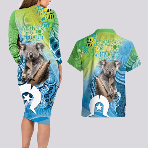 Vivid Minimal Koala NAIDOC 2024 Couples Matching Long Sleeve Bodycon Dress and Hawaiian Shirt Aboriginal Art Style