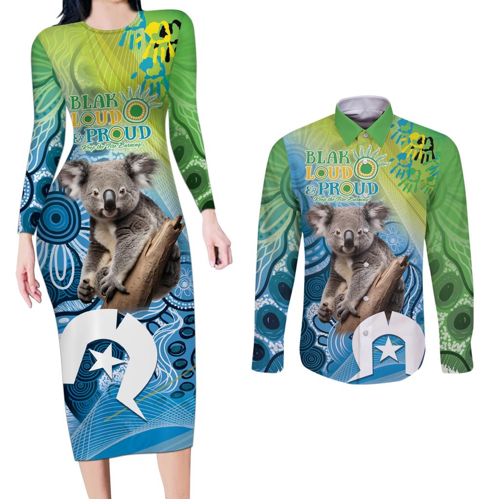 Vivid Minimal Koala NAIDOC 2024 Couples Matching Long Sleeve Bodycon Dress and Long Sleeve Button Shirt Aboriginal Art Style