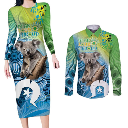 Vivid Minimal Koala NAIDOC 2024 Couples Matching Long Sleeve Bodycon Dress and Long Sleeve Button Shirt Aboriginal Art Style