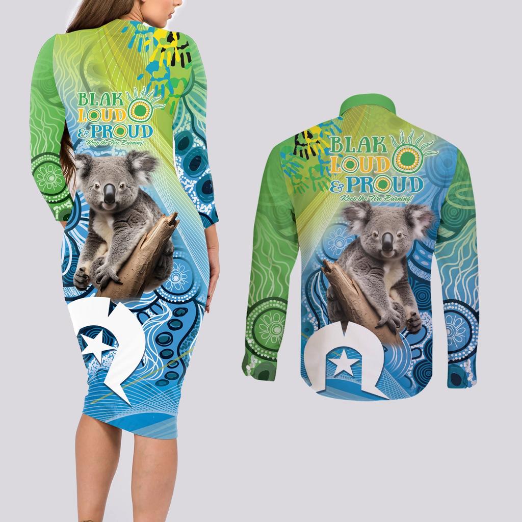 Vivid Minimal Koala NAIDOC 2024 Couples Matching Long Sleeve Bodycon Dress and Long Sleeve Button Shirt Aboriginal Art Style