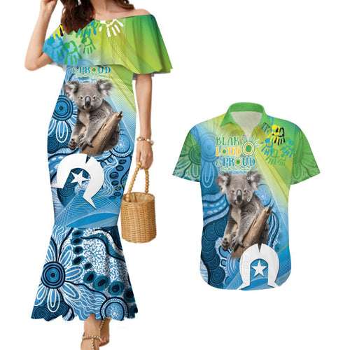 Vivid Minimal Koala NAIDOC 2024 Couples Matching Mermaid Dress and Hawaiian Shirt Aboriginal Art Style