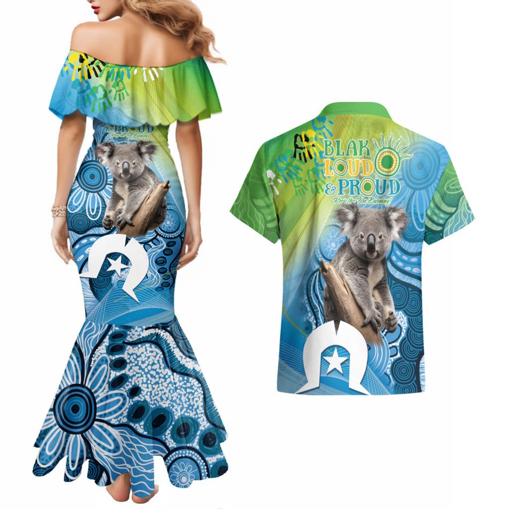 Vivid Minimal Koala NAIDOC 2024 Couples Matching Mermaid Dress and Hawaiian Shirt Aboriginal Art Style