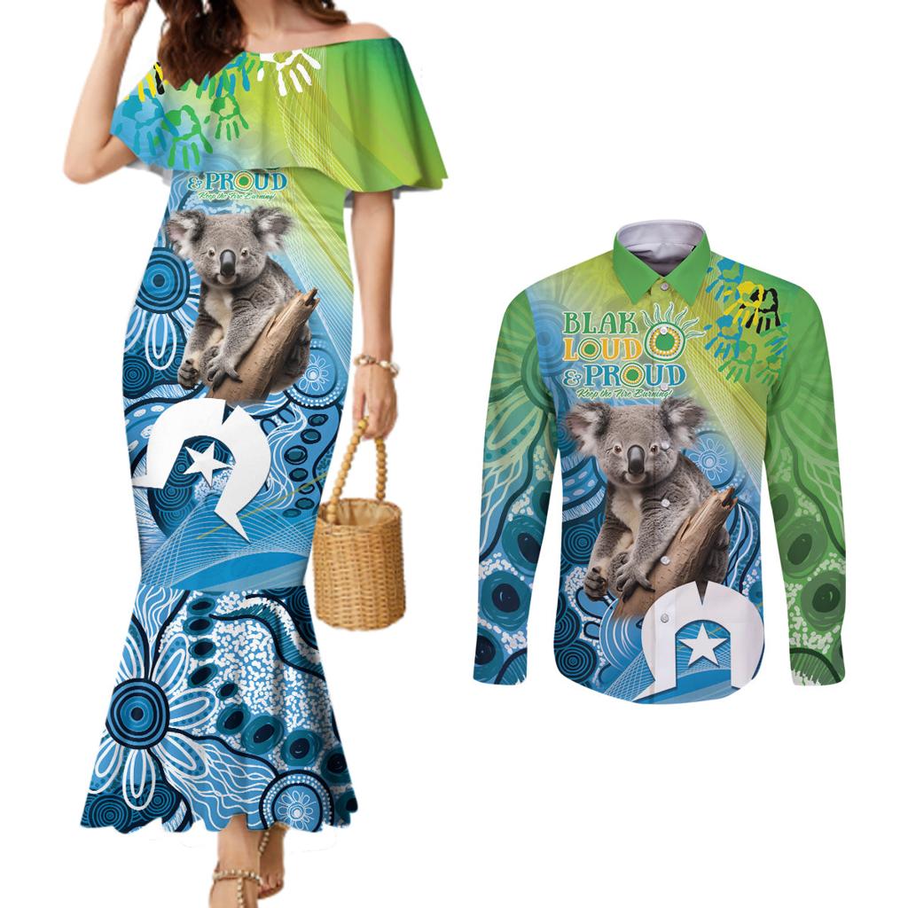 Vivid Minimal Koala NAIDOC 2024 Couples Matching Mermaid Dress and Long Sleeve Button Shirt Aboriginal Art Style