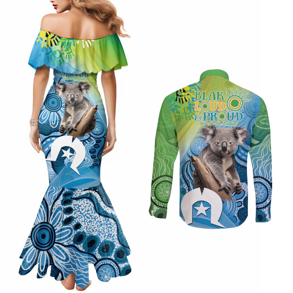 Vivid Minimal Koala NAIDOC 2024 Couples Matching Mermaid Dress and Long Sleeve Button Shirt Aboriginal Art Style