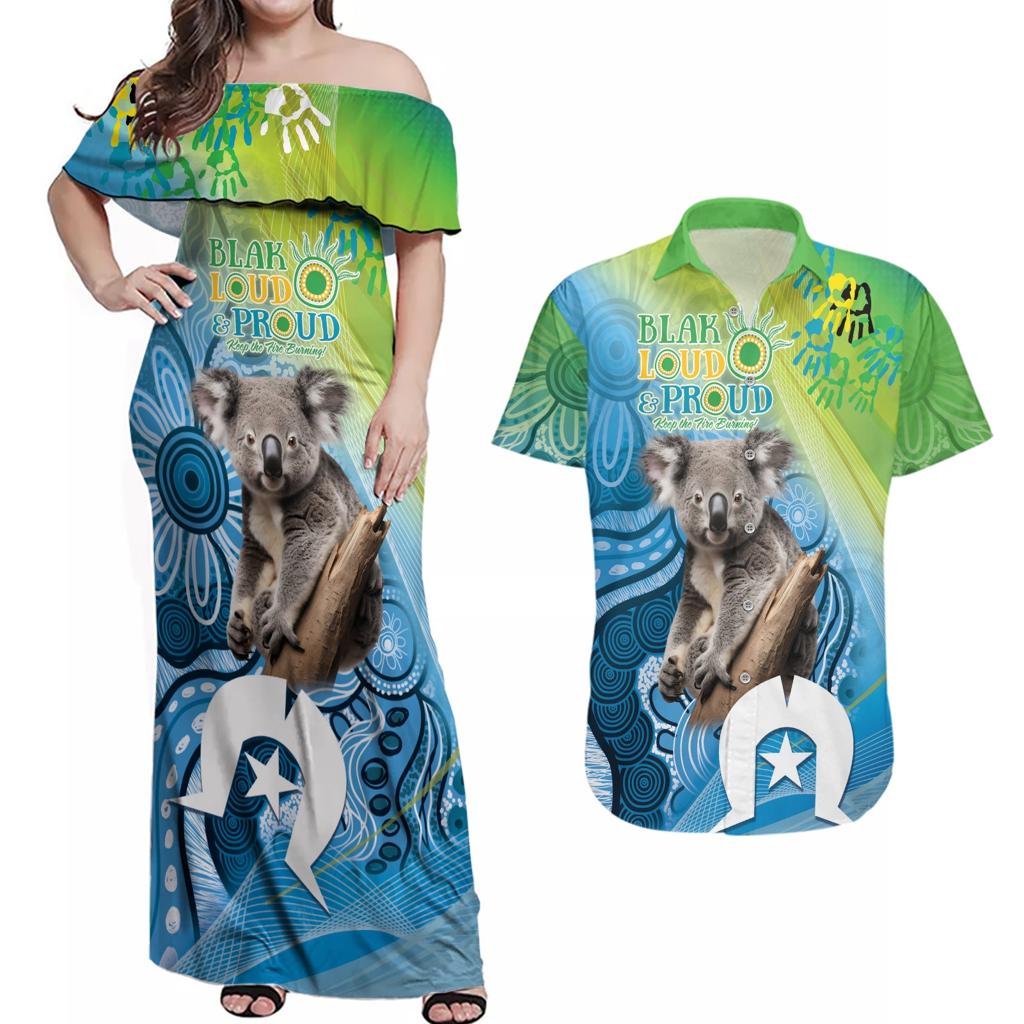 Vivid Minimal Koala NAIDOC 2024 Couples Matching Off Shoulder Maxi Dress and Hawaiian Shirt Aboriginal Art Style
