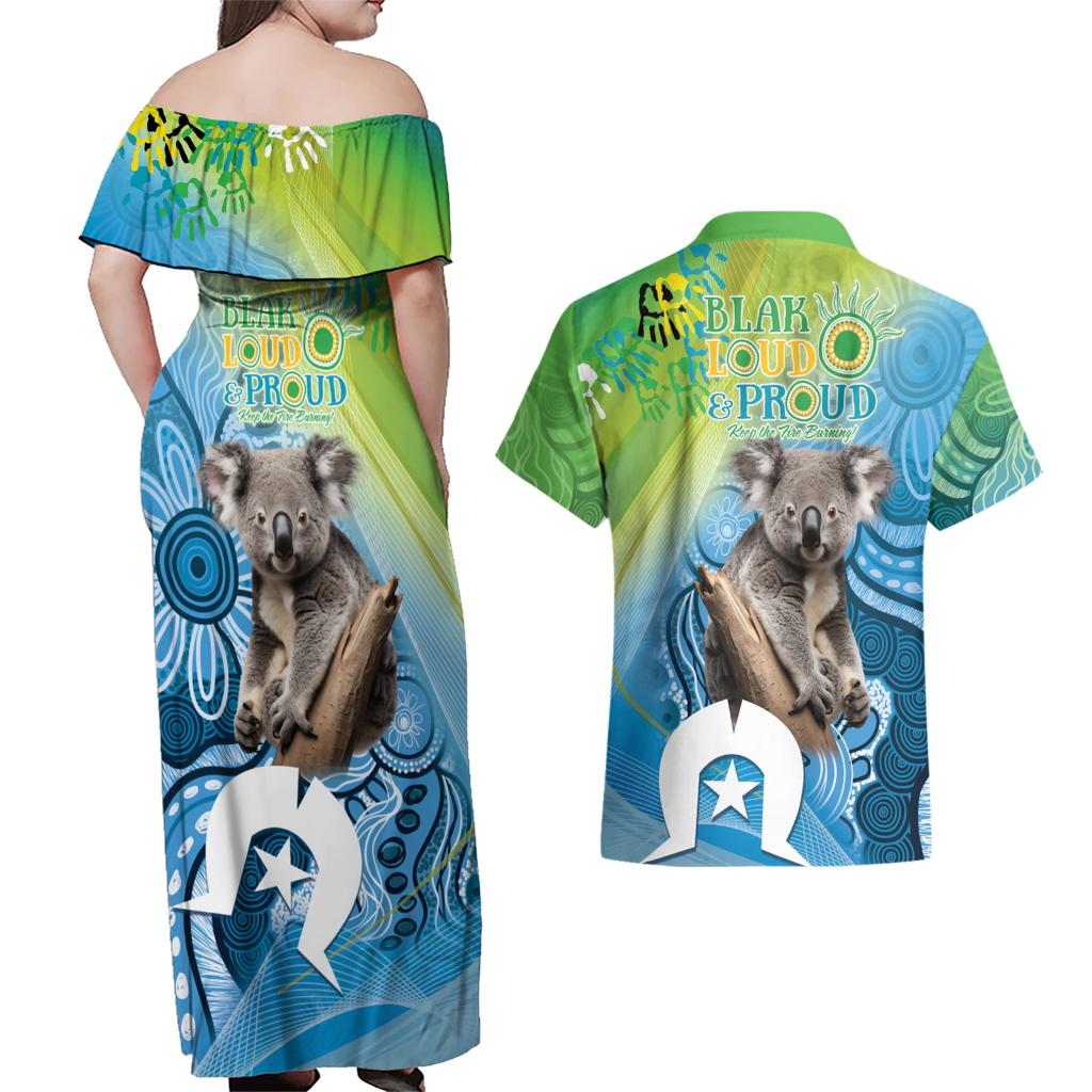 Vivid Minimal Koala NAIDOC 2024 Couples Matching Off Shoulder Maxi Dress and Hawaiian Shirt Aboriginal Art Style