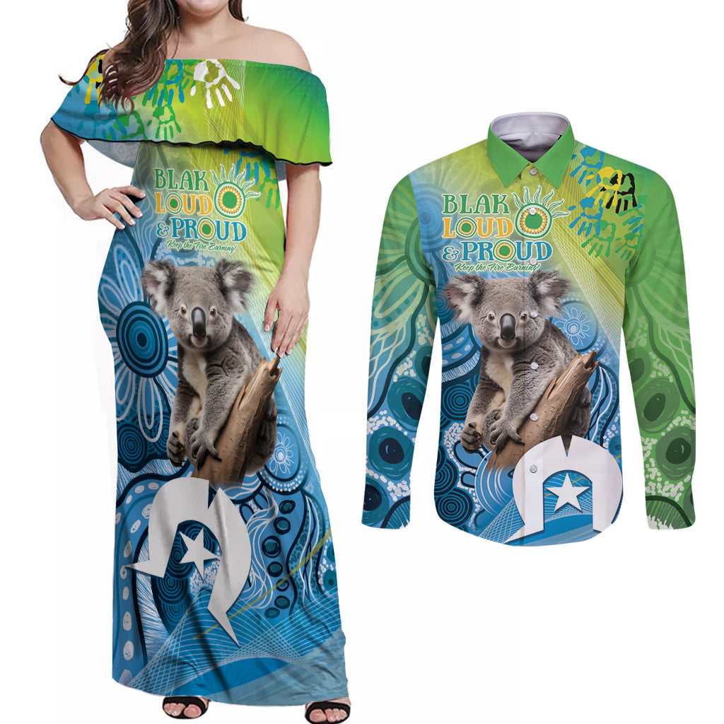 Vivid Minimal Koala NAIDOC 2024 Couples Matching Off Shoulder Maxi Dress and Long Sleeve Button Shirt Aboriginal Art Style