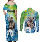 Vivid Minimal Koala NAIDOC 2024 Couples Matching Off Shoulder Maxi Dress and Long Sleeve Button Shirt Aboriginal Art Style