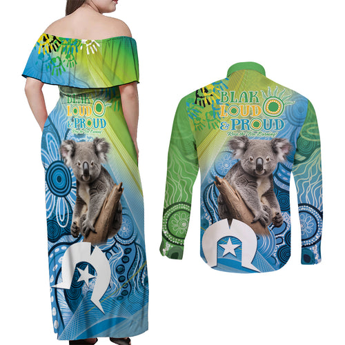 Vivid Minimal Koala NAIDOC 2024 Couples Matching Off Shoulder Maxi Dress and Long Sleeve Button Shirt Aboriginal Art Style