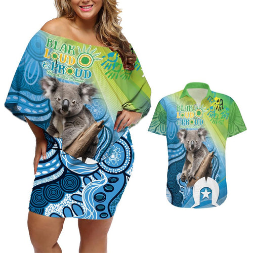 Vivid Minimal Koala NAIDOC 2024 Couples Matching Off Shoulder Short Dress and Hawaiian Shirt Aboriginal Art Style