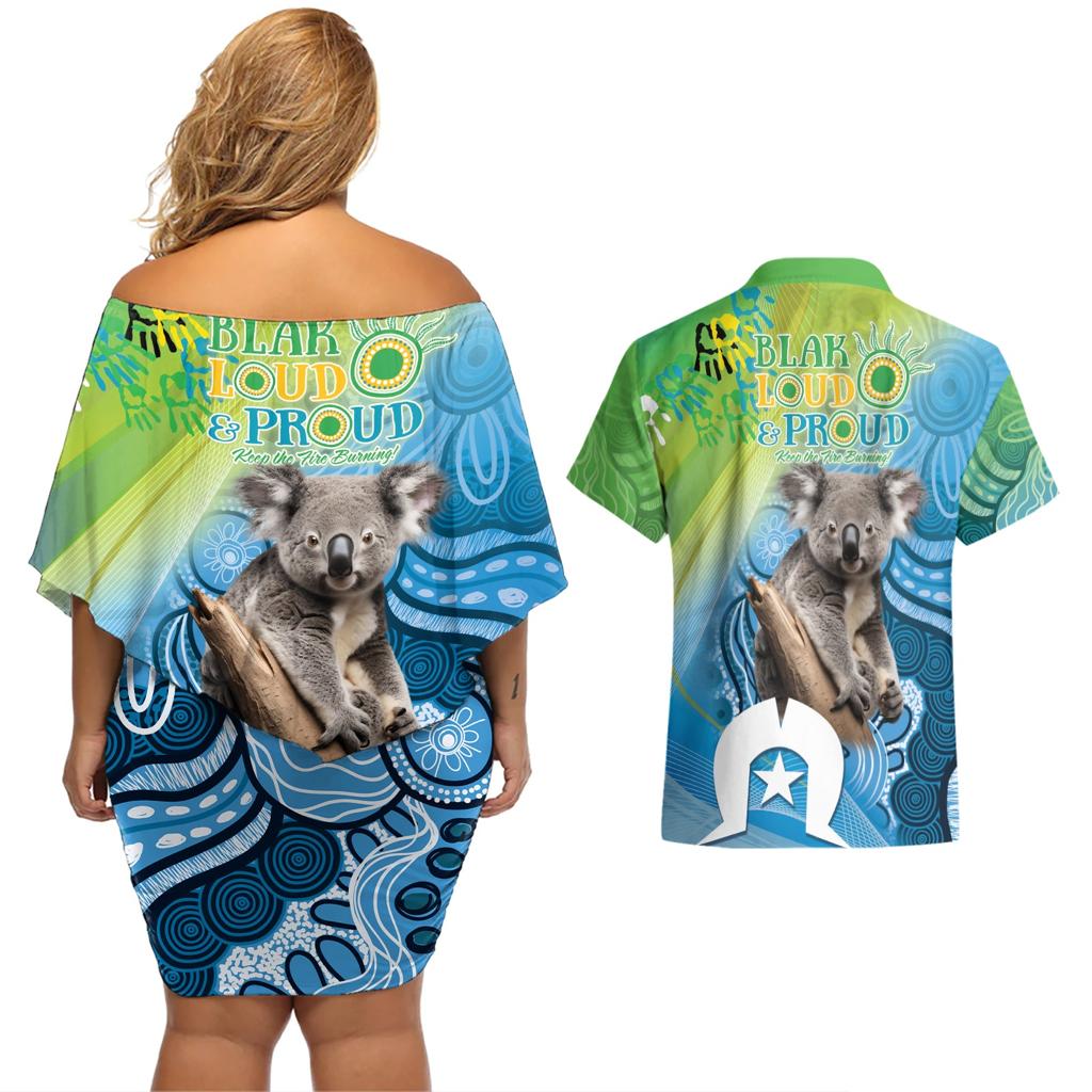 Vivid Minimal Koala NAIDOC 2024 Couples Matching Off Shoulder Short Dress and Hawaiian Shirt Aboriginal Art Style