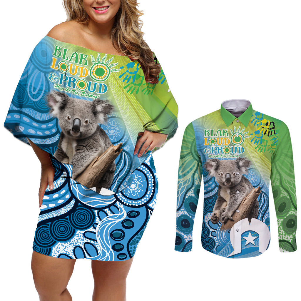 Vivid Minimal Koala NAIDOC 2024 Couples Matching Off Shoulder Short Dress and Long Sleeve Button Shirt Aboriginal Art Style