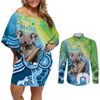 Vivid Minimal Koala NAIDOC 2024 Couples Matching Off Shoulder Short Dress and Long Sleeve Button Shirt Aboriginal Art Style