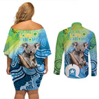 Vivid Minimal Koala NAIDOC 2024 Couples Matching Off Shoulder Short Dress and Long Sleeve Button Shirt Aboriginal Art Style