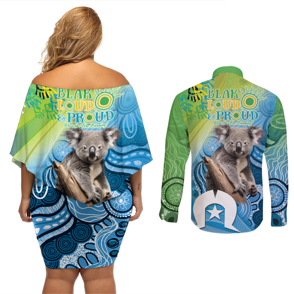 Vivid Minimal Koala NAIDOC 2024 Couples Matching Off Shoulder Short Dress and Long Sleeve Button Shirt Aboriginal Art Style