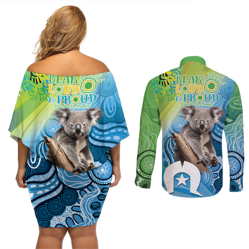 Vivid Minimal Koala NAIDOC 2024 Couples Matching Off Shoulder Short Dress and Long Sleeve Button Shirt Aboriginal Art Style