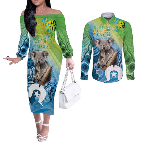 Vivid Minimal Koala NAIDOC 2024 Couples Matching Off The Shoulder Long Sleeve Dress and Long Sleeve Button Shirt Aboriginal Art Style