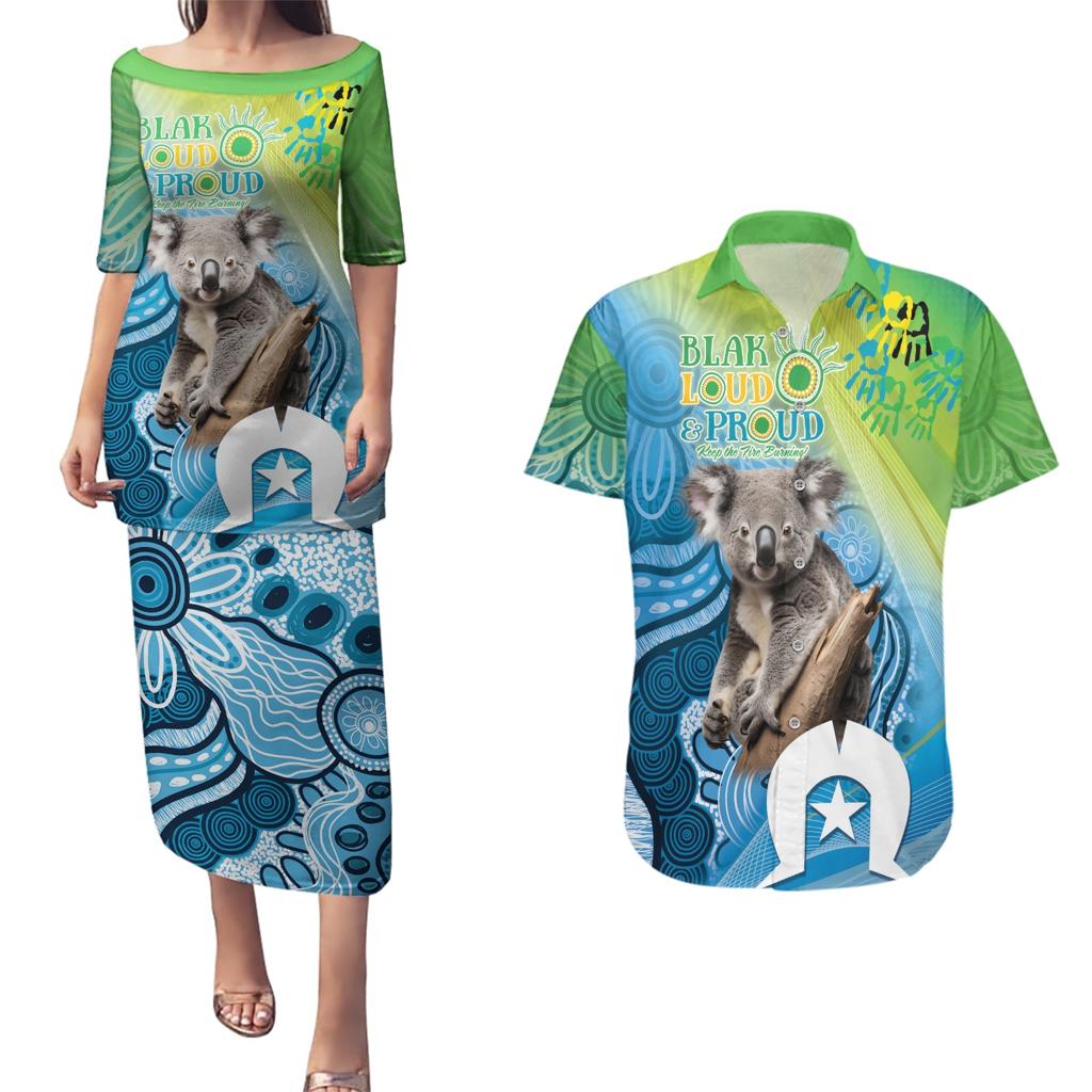 Vivid Minimal Koala NAIDOC 2024 Couples Matching Puletasi and Hawaiian Shirt Aboriginal Art Style