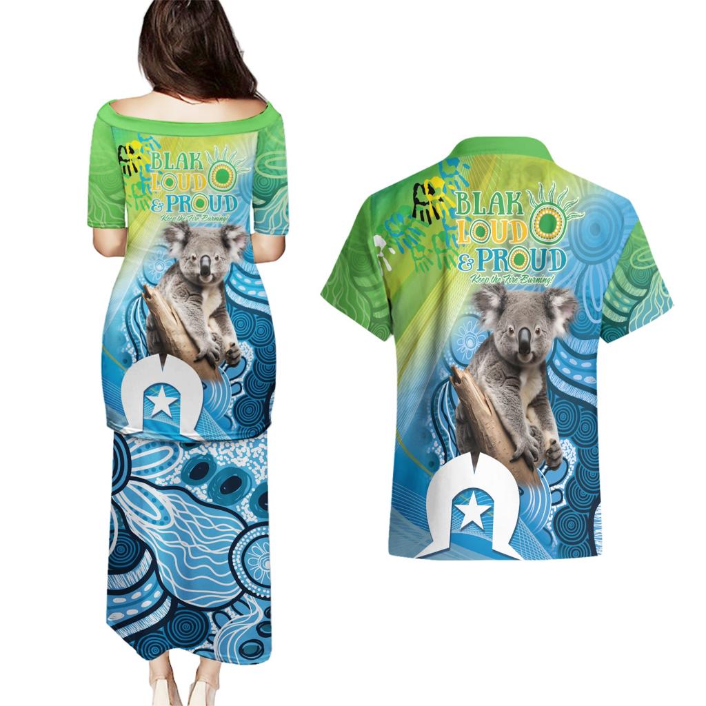 Vivid Minimal Koala NAIDOC 2024 Couples Matching Puletasi and Hawaiian Shirt Aboriginal Art Style