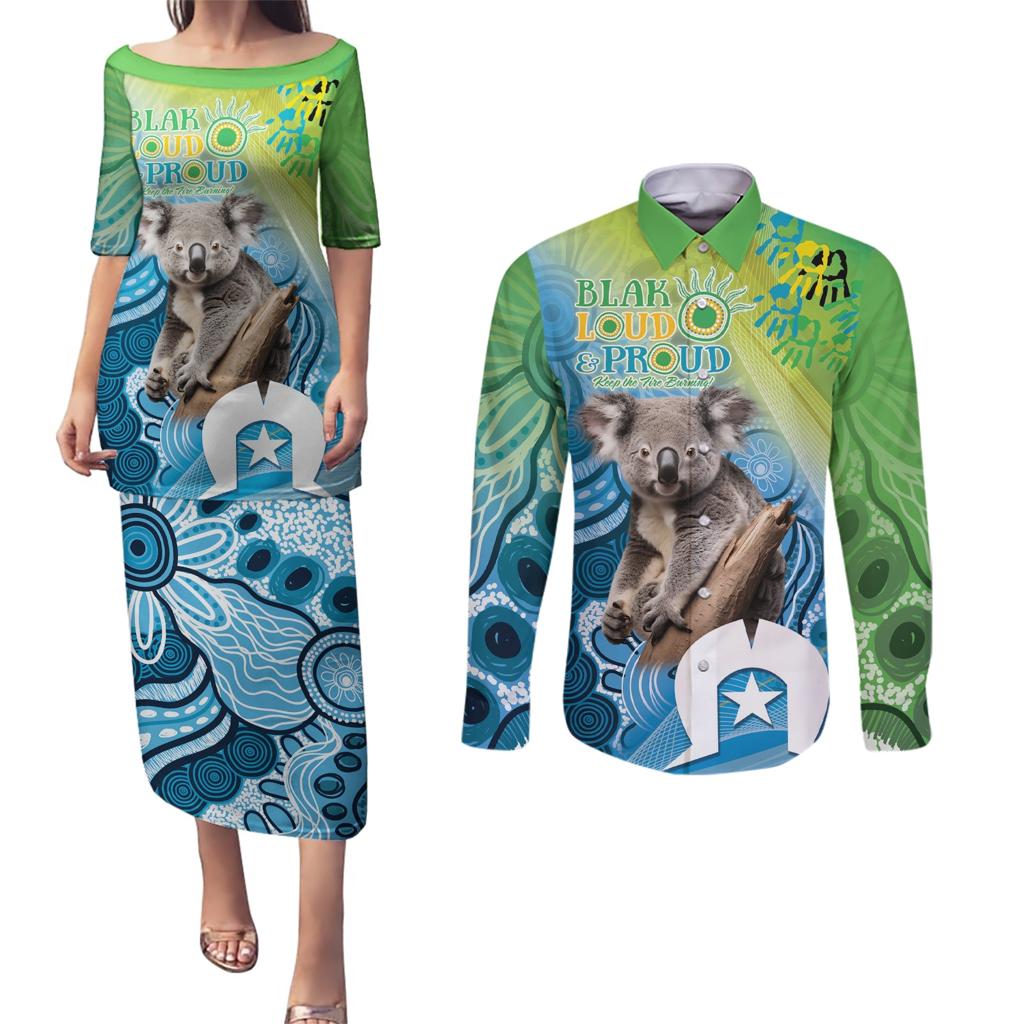 Vivid Minimal Koala NAIDOC 2024 Couples Matching Puletasi and Long Sleeve Button Shirt Aboriginal Art Style
