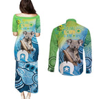 Vivid Minimal Koala NAIDOC 2024 Couples Matching Puletasi and Long Sleeve Button Shirt Aboriginal Art Style