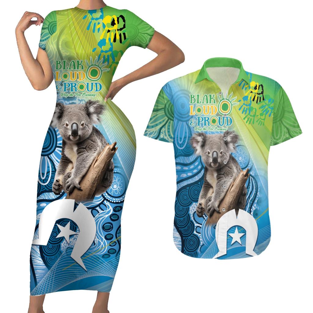 Vivid Minimal Koala NAIDOC 2024 Couples Matching Short Sleeve Bodycon Dress and Hawaiian Shirt Aboriginal Art Style